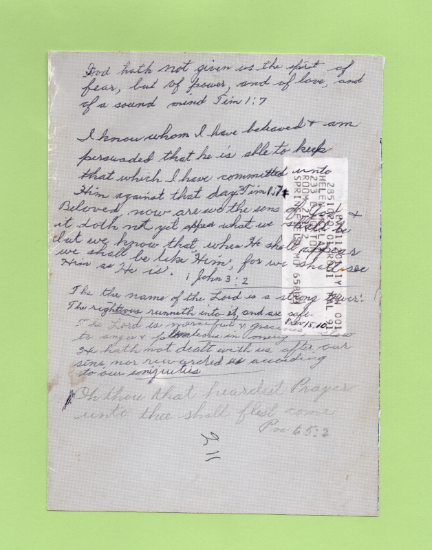 Several transcribed verses written on a piece of paper featuring Helen McClay's address