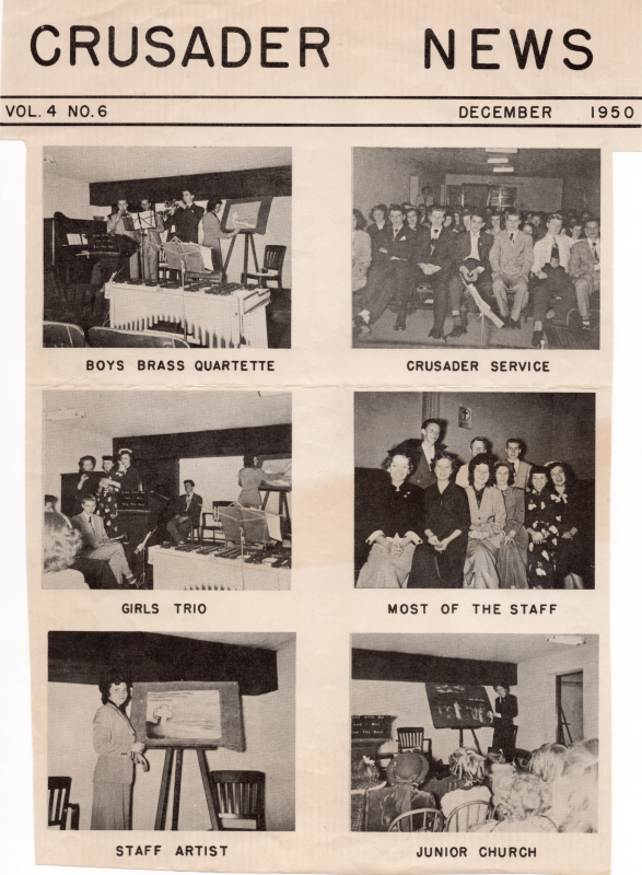 A clipping from Crusader News Vol. 4 No. 6 showing boys brass quartette, crusader service, girls trio, most of the staff, staff artist, and junior church