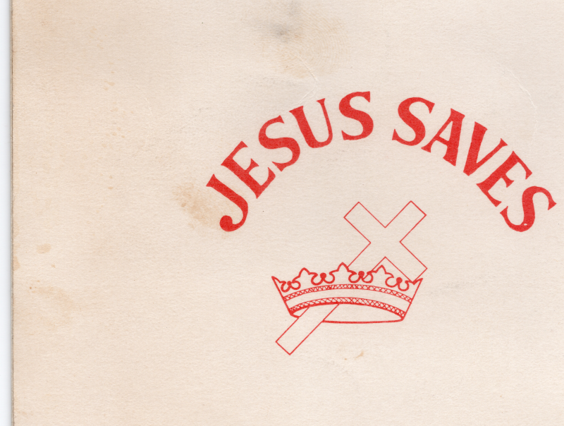 Back cover: Cross and Crown with text "Jesus Saves"
