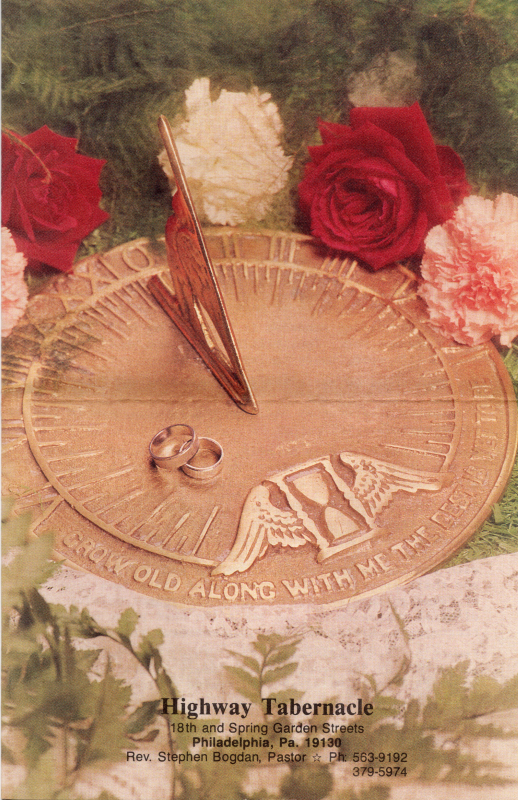 Bulletin cover with contact information for the church and an image of roses arouynd a clock with two wedding rings reading "Grow old along with me the best is yet to come"