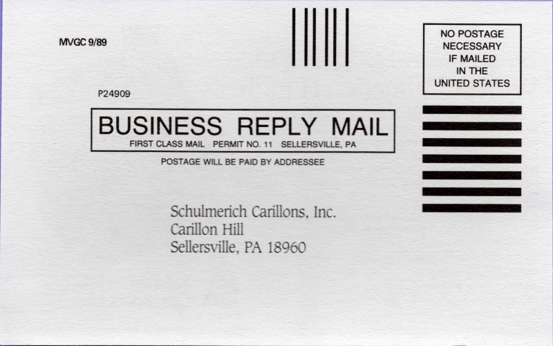 Company's order information, Schulmeric Carillons, Inc. in Sellersville, PA