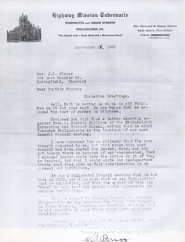 Copy off letter from Reverend Bragg accepting the responsibility of hosting General Council in Philadelphia, moving the location from Denver because of the war
