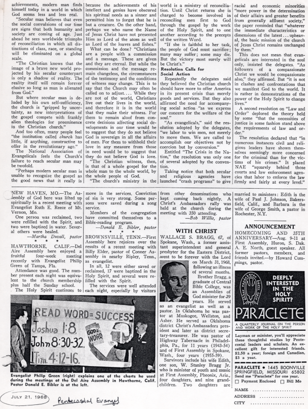 Copy of a Pentecostal Evangel announcement of Rev. Bragg's death