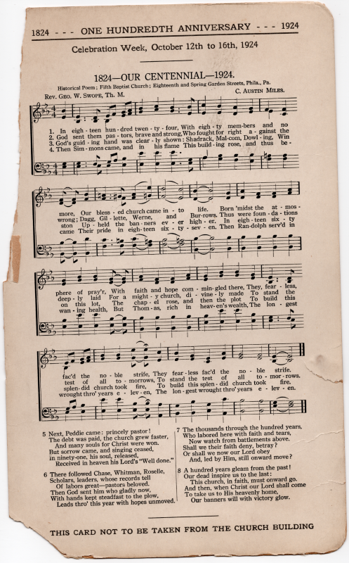 A sheet of music with lyrics related to Fifth Baptist's history as part of their centennial celebration