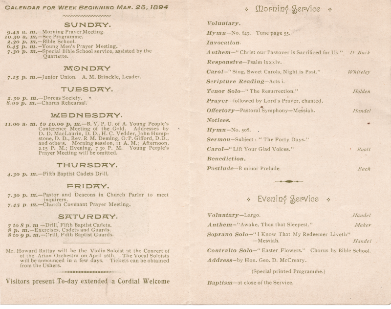 Page two: weekly church calendar, Page three: order of worship for Sunday morning and evening services