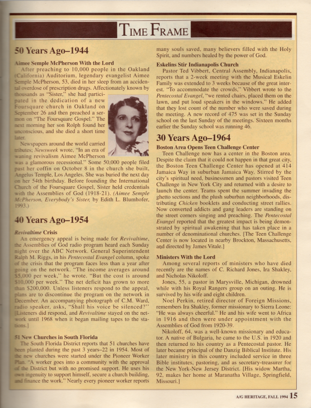 Article: "The Assemblies of God: 'A Good Name'" Timeline of 1944-1994