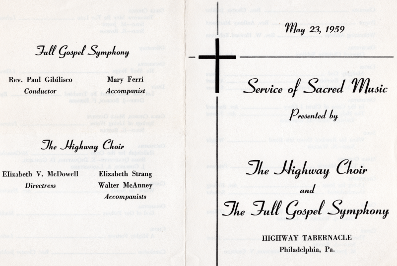 Program for the service featuring the Highway Choir and Full Gospel Symphony at Highway Tabernacle (19th and Green streets)