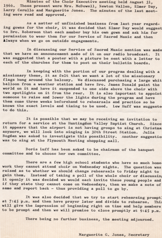 Documented discussion of issues brought up with the choir's executive committee noted by secretary Marguerite Jones