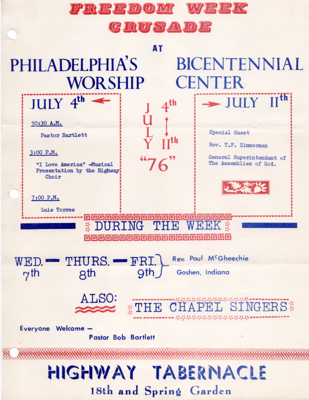 Flyer for the Freedom Week Crusade at Philadelphia's Bicentennial Worship Center