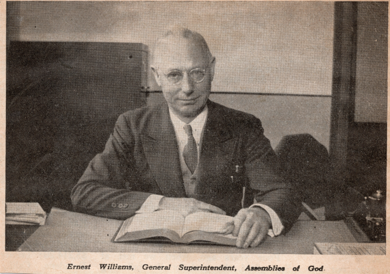 Portrait of Reverend Williams with the caption, "Ernest Williams, General Superintendent, Assemblies of God."