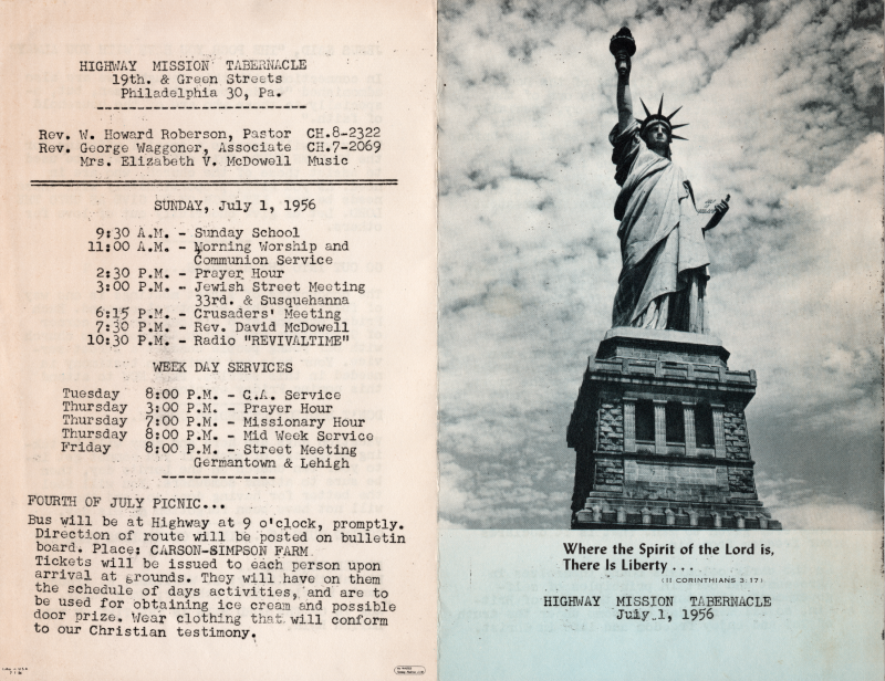 Front cover: Image of the Statue of Liberty, II Corinthians 3:17, church name and date; Back cover: Church name and address, leadership contact information, Sunday service schedule, weekday service schedule, Fourth of July picnic announcement