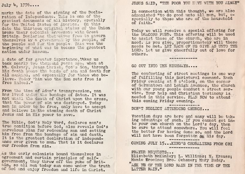 Message arguing to care for the poor, go out into the highways, and attend church regularly tied to the Fourth of July; Reminder about an upcoming King's Choralier's performance, prayer requests