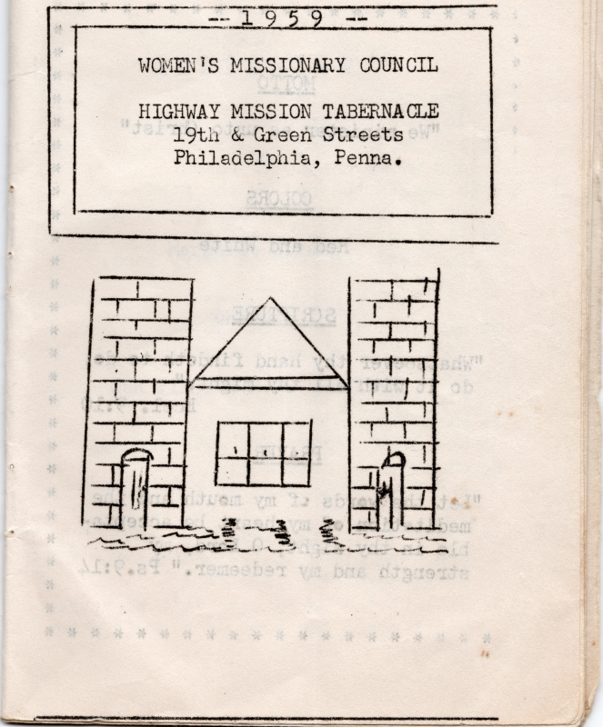 A drawing of a castle with the text, "1959, Women's Missionary Council, Highway Tabernacle, 19th and Green Streets, Philadelphia, Penna."