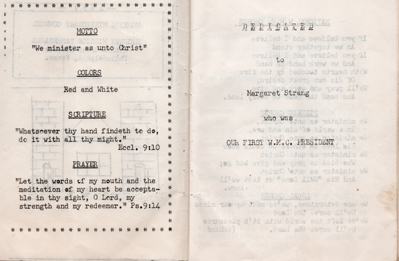 Group motto, colors, scripture, and prayer; Dedication to Margaret Strong, first WMC President
