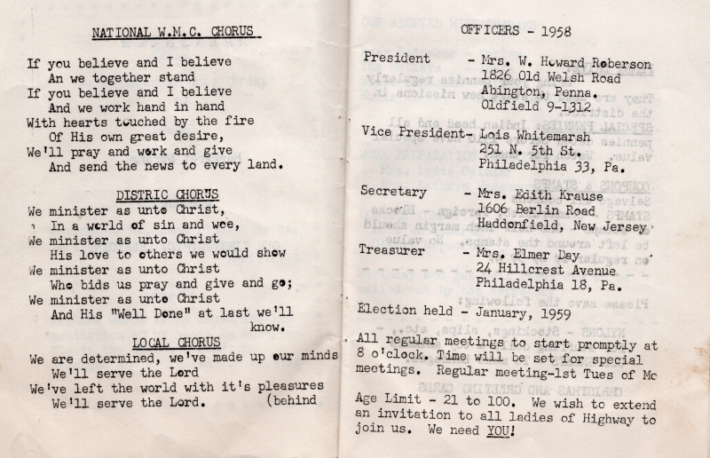 National WMC Chorus, Distric [sic] Chorus, Local Chorus; 1958 Officers, Officer Election Date, Meeting Time, Age Limit