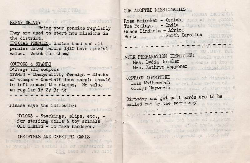 Penny Drive Information, Coupon and Stamps Guidelines, Request for Membeers to save nylons, old sheets, and Christmas and Greeting cards; Group adopted missionaries, work preparation committee, contact committee, note about sending birthday and get well soon cards