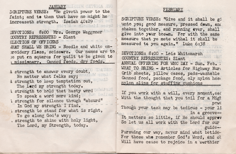 January scripture, devotions, country reprented, election, objects to collect, poem; February scripture, devotions, country represented, annual offering, object collection, and poem