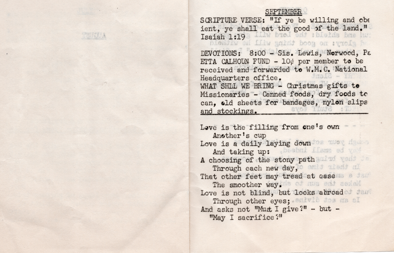 September scripture, devotions, Etta Calhoun Fund, items to collection, missionaries, poem