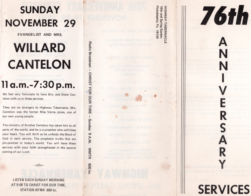 Cover: "76th Anniversary Service"; Space to address the invitation; Sunday 11/29 service with Evangelist Willard Cantelon