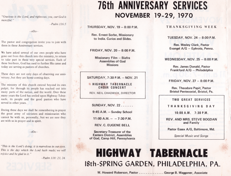 Scripture and invitation to the services; Program of events 11/19-11/29