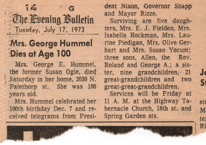 Article, "Mrs. George Hummel Dies at Age 100" discusses the life of Susan Ogle, and her death at 100 years old, including birthday telegrams from President Nixon