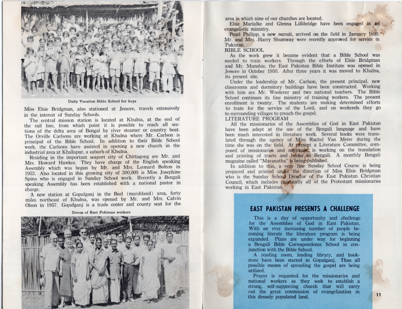 Information about missionaries, a Bible school, a literature program, and the continued challeges for the AG in East Pakistan. Picture of a daily Vacation Bible School for boys, photo of East Pakistan workers