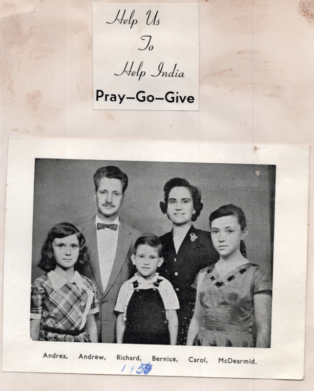 Portrait of the McDearmid Family with text reading, "Help Us to Help India, Pray-Go-Give"