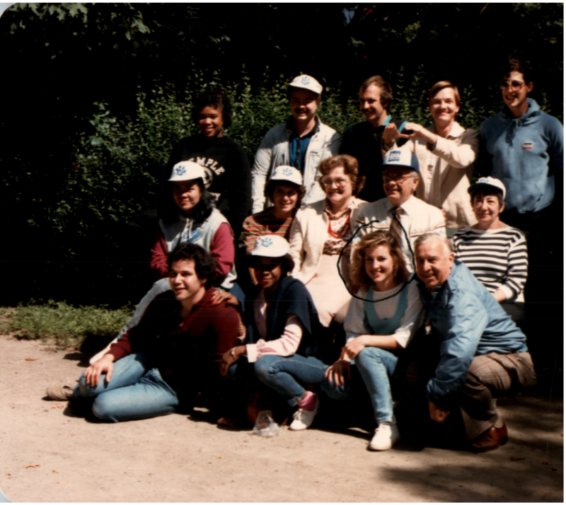 Group picture, a woman is circled