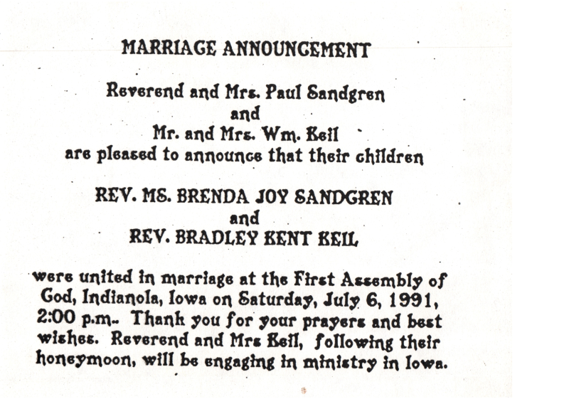 Marriage annuncement for Ms. Brenda Joy Sandgren and Rev. Bradley Kent Keil