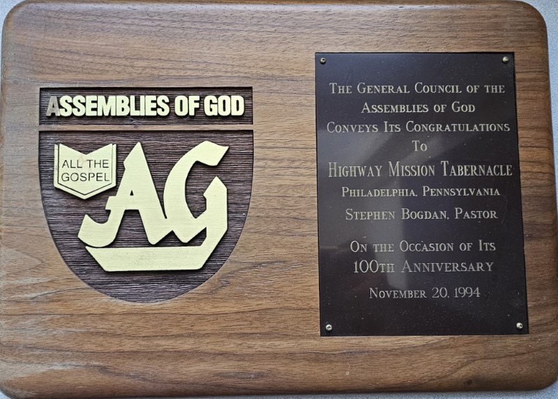 Plaque presented to Highway from the General Council of the AG in recognition of its 100-year anniversary