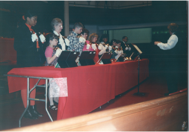 The bell choir performs in the sanctuary