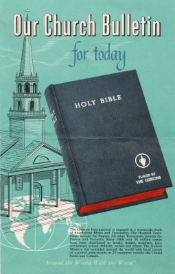 Front cover: A picture of a Gideon Bible with the title, "Our Church Bulletin for today"