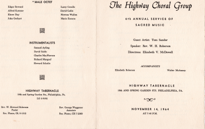 Front cover: Announces the program, artists and leaders, church name and location, event time and date; Back cover: Members of the male octet, instrumentalists, church leadership