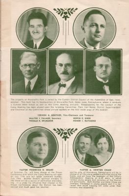 Explanation of the campground with portraits and names of members of the Eastern District Council in charge of programming. Portraits and biographical information of Pastor Frederick D. Drake and Pastor A. Newton Chase