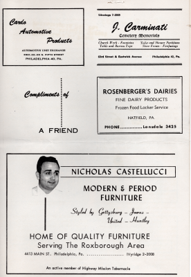 Advertisements from Cardo Automotive Products, J. Carminati Cemetery Memorials, Rosenberg's Dairies, and Nicholas Castellucci Furniture