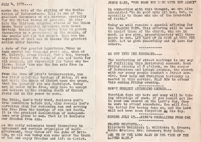 Message arguing to care for the poor, go out into the highways, and attend church regularly tied to the Fourth of July; Reminder about an upcoming King's Choralier's performance, prayer requests