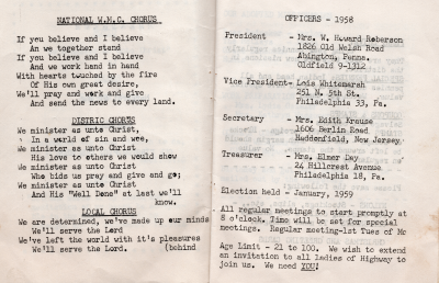 National WMC Chorus, Distric [sic] Chorus, Local Chorus; 1958 Officers, Officer Election Date, Meeting Time, Age Limit