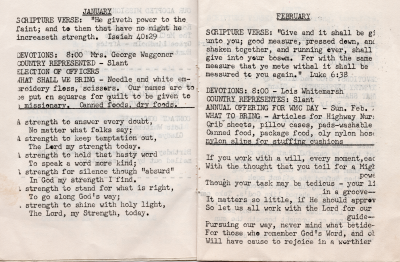 January scripture, devotions, country reprented, election, objects to collect, poem; February scripture, devotions, country represented, annual offering, object collection, and poem