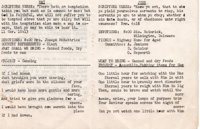 May scripture, devotions, country represented, items to collect, project, and poem; June scripture, devotions, picnic, items to collect, project, and poem