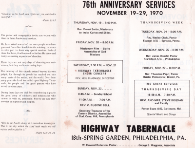 Scripture and invitation to the services; Program of events 11/19-11/29