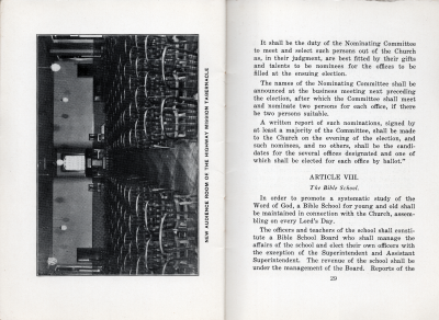 Photograph with the caption, "New Audience Room of the Highway Mission Tabernacle"; Manual: Article VII- Elections continued, Article VIII- The Bible School