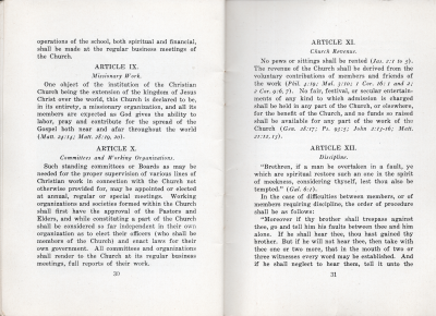 Manual: Article VIII- The Bible School continued, Article IX- Missionary Work, Article X- Committees and Working Organizations, Article XI- Church Revenue, Article XII- Discipline