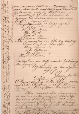 (8/14/1896 continued: Committee on organization and committee on all-day meeting formed. Hymn); 09/30/1896: Decisoion to surrender the hall at 23rd and Jefferson and to rent the school hours at Harvard and Oxford for $50 per month.; 10/14/1896: Special meeting: building of the platform and hall arrangement deferred to the Hall committee, Hall committee membership increased