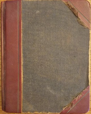 Bound cover of the Ushers' Association minutes book. The book holds together handwritten minutes that span 1935-1966. Individual pages have not been digitized, but loose papers tucked into the book have been removed, preserved, and digitized