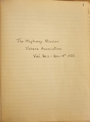 Title page reading, "The Highway Mission Ushers Association, Vol. No. 2- Nov. 18th 1935."